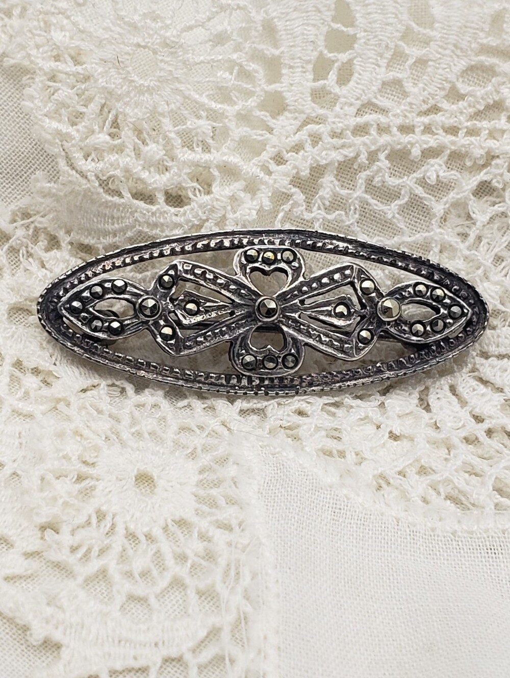 Vintage Sterling Silver w/ Marcasite Oval Brooch - Art Deco Classic Filigree Geo